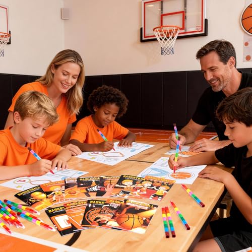 BenLouis 24 Basketball Mini Coloring Books Kids with 24 Stacking Crayons Basketball Party Favors Activity Books Bulk for Kids Sports Goodie Bag Gift Stuffer Classroom Reward - style: Basketball