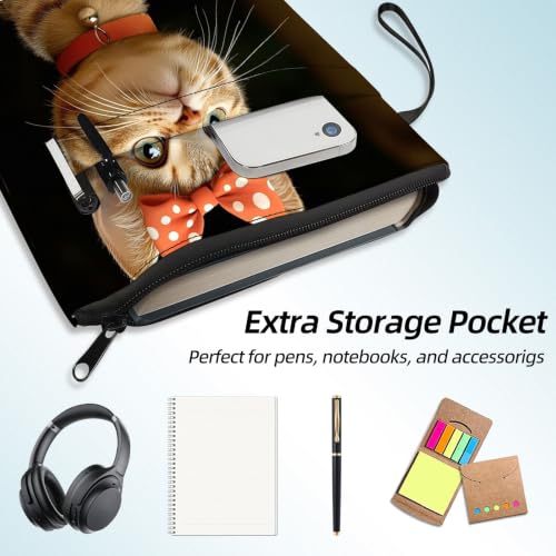 Padded Book Sleeve with Zipper & Front Pocket, Fabric Book Cover | Cute Tabby Cat Red Bow Tie11.4"x8.7" Washable Canvas Pouch for Hardcovers, Tablets & Reading Accessories - color: Cute Tabby Cat Red Bow Tie