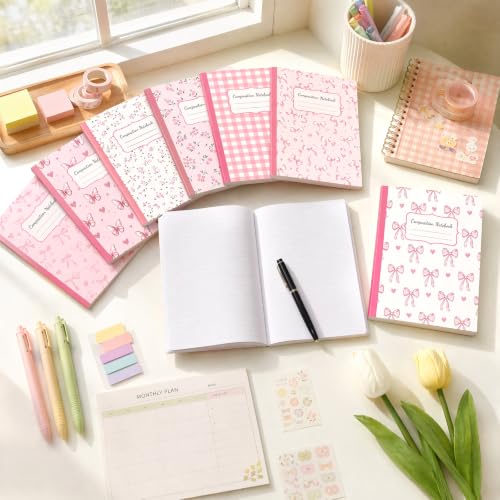 8 Pack Pink Bow Composition Notebooks Bulk Pink Notebook College Ruled Journal 100 Pages Cute Aesthetic Bow Composition Books Back to School Gift for Student Teacher Office Supplies 9.7x7.5 Inch - color: Pink Bow