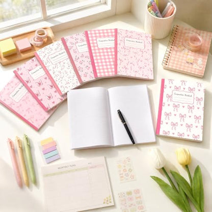 8 Pack Pink Bow Composition Notebooks Bulk Pink Notebook College Ruled Journal 100 Pages Cute Aesthetic Bow Composition Books Back to School Gift for Student Teacher Office Supplies 9.7x7.5 Inch - color: Pink Bow