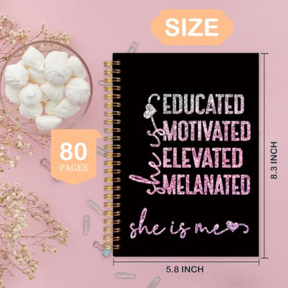 PQKIY African American Gifts Spiral Notebook for Black Women 5.5x8.3 Inch | Black Girl Magic Gifts for Women,Educated Motivated Elevated Melanated Inspirational Black Glitter Notebook Journal - color: African American white