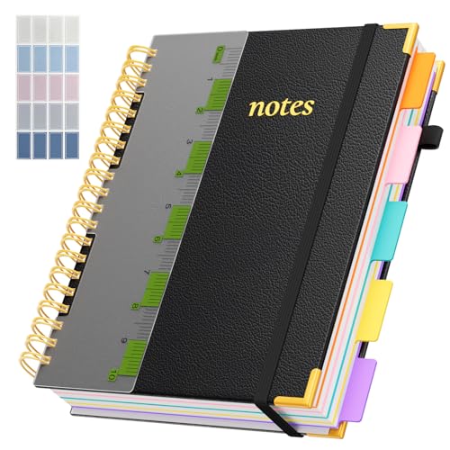 XYark A4 Hardcover Spiral Notebook, 8.5"x11" College Ruled Notebooks with Removable Dividers Tabs & Ruler, 5 Subject Notebook 300 Pages, Large Lined Journal for Women Men School Work Office, Black - color: Black, size: 8.5"x11"(A4)