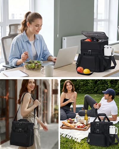 HOMESPON Double Layer Lunch Bag for Women Men, 14L Large Insulated Lunch Box with Shoulder Strap, Expandable Cooler Tote with Cup Holder for Work Office Picnic, Black - color: Black