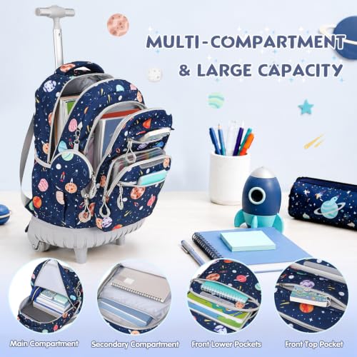 Rolling Backpack for Boys, 3PCS Roller School Backpacks for Boys with Lunch Bag and Pencil Pouch, Kids Bookbag School Bag with Wheels for Kindergarten Elementary Middle School Travel - color: Grey Space