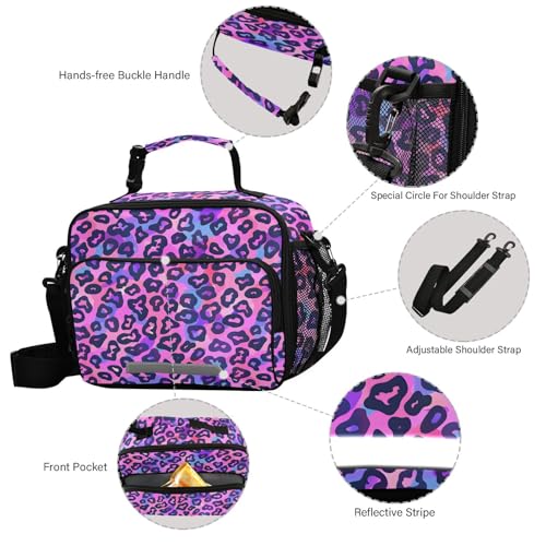 MNSRUU Student Lunch Bag Neon Purple And Pink Leopard Insulated Lunch Totes Picnic Bag Lunch Box with Adjustable Shoulder Strap for Teen Kids Adults - color: Leopard 13