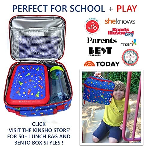 kinsho Bento Lunch Box, Water Bottle, Ice Pack Set For Kids Toddlers, 5 Portion Sections, Removable Plastic Tray, Small Pre School Daycare Lunches, Snack Container, Blue Red Space Rocket - color: Blue Red Rocket Set