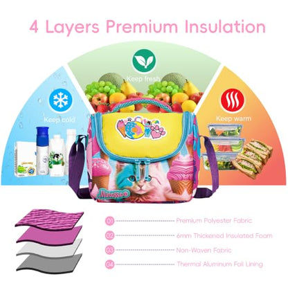 Insulated Lunch Bag for Kids Soft Bag Washable with Strap Reusable Toddler Lunch box School Supplies Food Carrier Snacks Picnic(Multi) - color: Cat