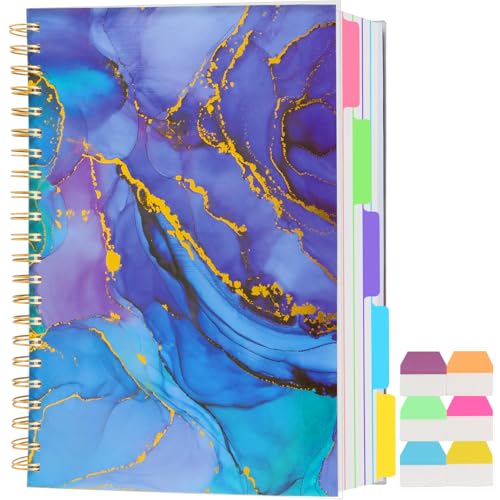 5 Subject Notebook College Ruled, A5 Spiral Notebook with Removable Pocket Dividers Tabs, Lined Organizer Notebook Journal for Women, 240 Pages Notebooks for Work School Note Taking, Purple Marble - color: Purple