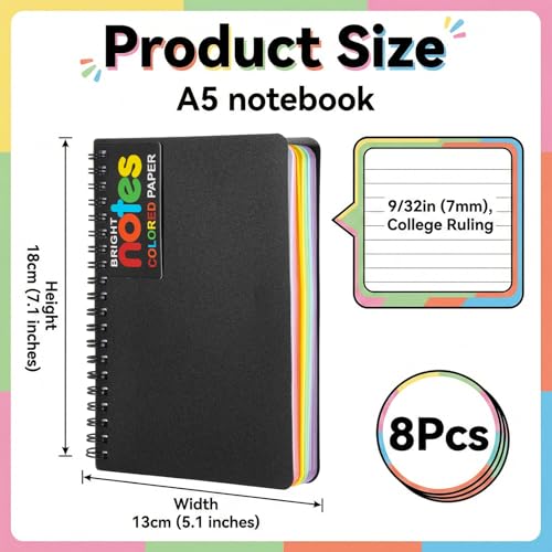 8 Pack 5 x 7 Inch Spiral Notebook, 100 Sheets/200 Pages Spiral Journals Note Books with Durable Poly Cover, 7 Bright Neon Colored Lined Paper Memo Pads Journaling Notebook for School, Office