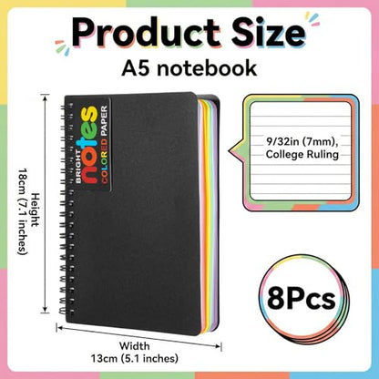8 Pack 5 x 7 Inch Spiral Notebook, 100 Sheets/200 Pages Spiral Journals Note Books with Durable Poly Cover, 7 Bright Neon Colored Lined Paper Memo Pads Journaling Notebook for School, Office