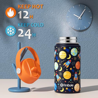 Fimibuke Kids Insulated Water Bottle, 14oz BPA FREE 18/8 Stainless Steel Travel Tumbler Double Wall Vacuum Leak Proof Kids Cup with Straw Metal Water Bottle for School Boys Girls(1 Pack, Space) - color: A3. SPACE