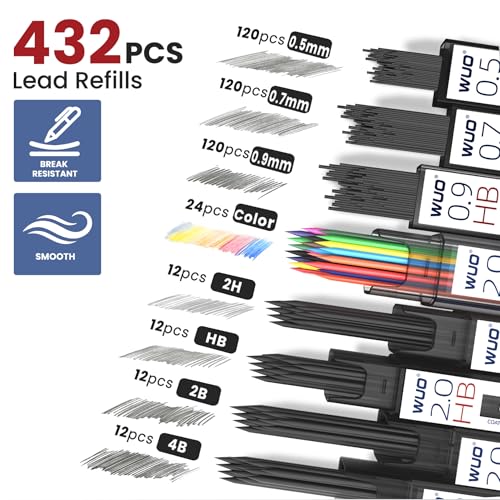 WUO 36PCS Art Mechanical Pencil Set with Storage Case, Metal Drawing Pencil | 0.5, 0.7, 0.9mm & 3PCS 2mm (2H HB 2B 4B Color) & 432 Lead Refills, 1 Eraser Pen, Artist Tech Pencils for Sketching, Drafting