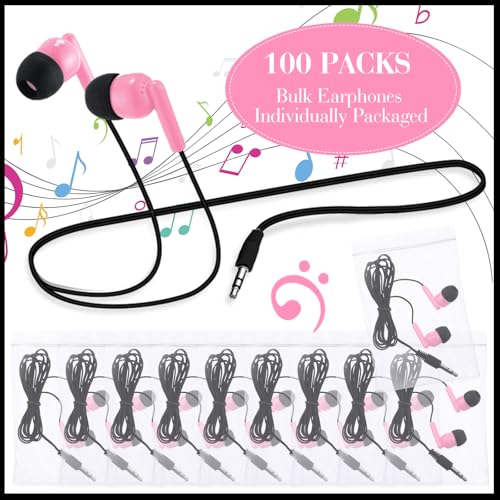 Kanayu 100 Pack Wired Earbuds Bulk for Classroom Ear Headphones Wired Basic Student Earbuds No Microphone with 3.5MM Jack for Class Laptop School Library, Individually Bagged (Pink) - color: Pink