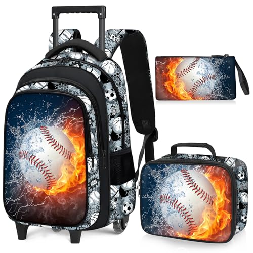 Baseball Rolling Backpack for Boys - 3PCS Boys Rolling Backpack with Lunch Box Set for Kids Children Teens Elementary Middle School,Sport Roller Bookbag with Wheels for Age 6-18 - color: Baseball-001-backpack Set