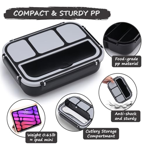 QQKO Bento Box for Kids Adults, School Toddler Lunch Box for Boys Girls, Lunch Box Containers with 4 Compartments, Sauce Container, Utensils, Food Picks and Muffin Cups for School, Black Gray - color: Black Gray
