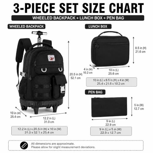 WZLVO 3PCS Rolling Backpack for Girls, 21 inch Water Resistant Roller Backpacks with Wheels, Wheeled Bookbag for Elementary Teens Women - Black - color: Black