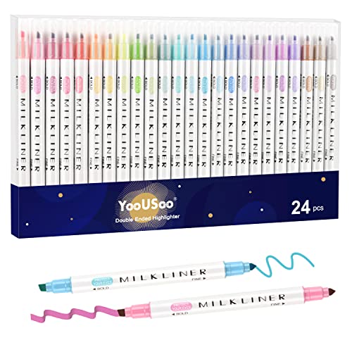 YOOUSOO Highlighters Assorted Colors, 24 Pastel Highlighters, Unique Retro Colors, Quick Dry Dual Tip and Fine Tip No Bleed Highlighter Markers for Bible Journals Planners Books Notes - color: Multicolor