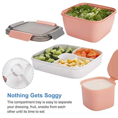 Freshmage Lunch Container To Go, 2 Packs 52-oz Salad Bowls With 3 Compartments, Dressings Container for Toppings, Snacks, Men, Women (Pink+Pink) - color: Pink+Pink
