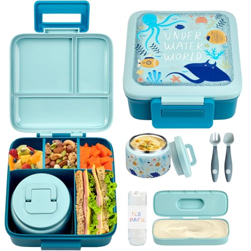 JXXM Bento Lunch Box for Kids with 8oz Soup Thermo,Leak-Proof Lunch Containers with 5 Compartment,Thermo Food Jar Food Containers for School (Blue-Octopus) - color: Blue Octopus