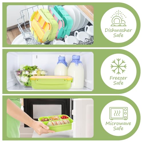 QQKO Bento Box for Kids Adults, School Toddler Lunch Box for Boys Girls, Lunch Box Containers with 4 Compartments, Sauce Container, Utensils, Food Picks and Muffin Cups for School, Pink Yellow Green - color: Pink Yellow Green