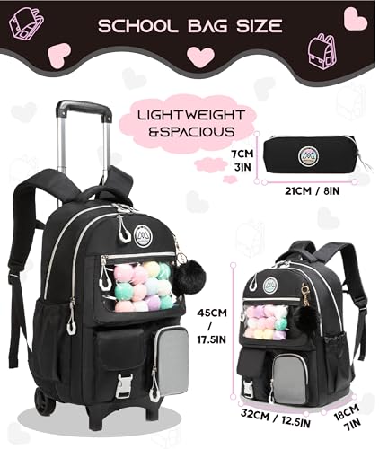 Rolling Backpack for Girls Kids Backpack with Wheels Backpacks for Elementary with Lunch Box Pencil Case Trolley (Black1) - color: Black