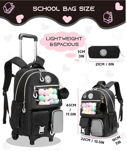 Rolling Backpack for Girls Kids Backpack with Wheels Backpacks for Elementary with Lunch Box Pencil Case Trolley (Black1) - color: Black