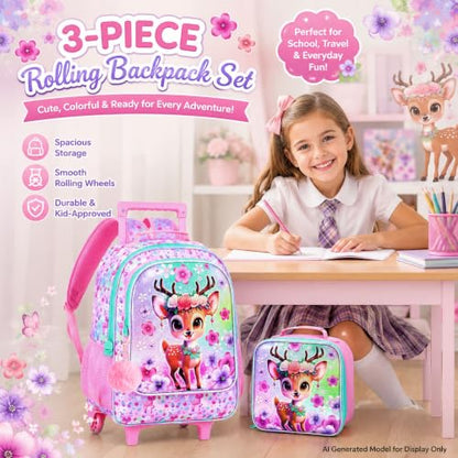 KLFVB Girls Rolling Bookbag, 3PCS Kids Roller Backpack with Lunch Bag, Wheeled School Bag for Children - Deer - color: Uv Printing Peach-blossom Deer Rolling Backpack