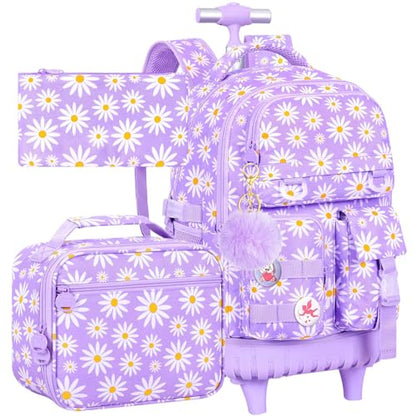 WZLVO 3PCS Girls Rolling Backpack, Water Resistance Roller Bookbag, Women Aesthetic Wheeled School Bag Set with Lunch Bag & Pencil Bag for Teens & Kids - Purple Chrysanthemum - color: 3pcs Girls Rolling Backpack - Purple Chrysanthemum