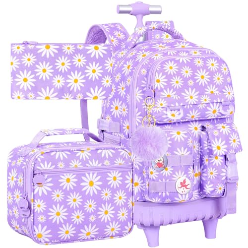 WZLVO 3PCS Girls Rolling Backpack, Water Resistance Roller Bookbag, Women Aesthetic Wheeled School Bag Set with Lunch Bag & Pencil Bag for Teens & Kids - Purple Chrysanthemum - color: 3pcs Girls Rolling Backpack - Purple Chrysanthemum