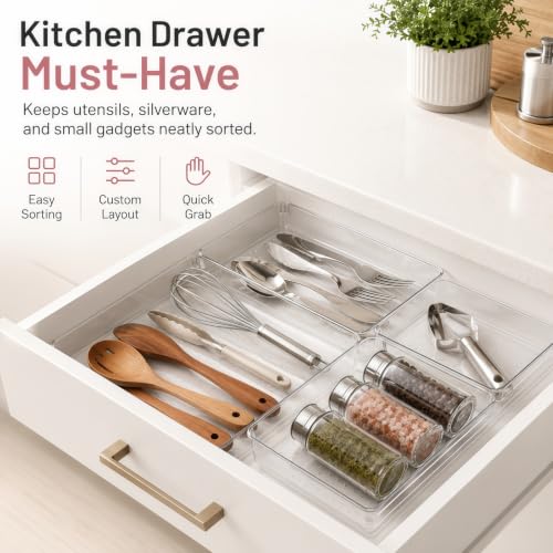 12 Pack Large Drawer Organizer Bins - Clear Plastic Bathroom Drawer Organizer Trays - Heavy Duty Kitchen Drawer Dividers for Utensils - Non-Slip Storage Bins for Makeup, Bedroom, Office Desk - size: 12 Pack