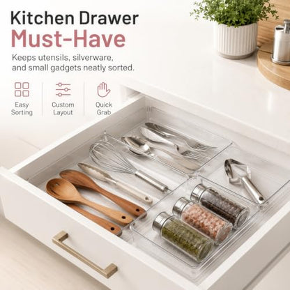 12 Pack Large Drawer Organizer Bins - Clear Plastic Bathroom Drawer Organizer Trays - Heavy Duty Kitchen Drawer Dividers for Utensils - Non-Slip Storage Bins for Makeup, Bedroom, Office Desk - size: 12 Pack