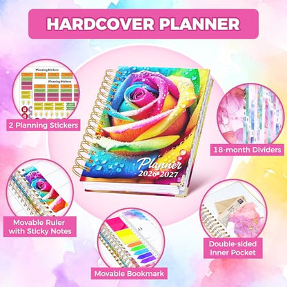 Academic Planner 2026-2027, 18 Months Weekly & Monthly Calendar Planner | July 2026 - Dec 2027, 6.6" x 8.3 A5 Size, Hardcover Daily Agenda with Tabs, Inner Pocket, Bookmark, Stickers, Sticky Note Set - color: Rainbow Rose, size: A5