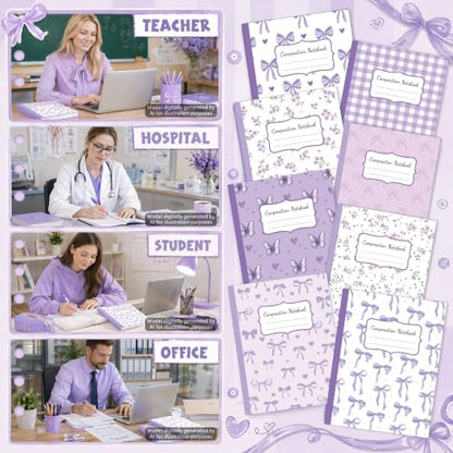 8 Pack Purple Bow Composition Notebooks Bulk Purple Notebook College Ruled Journal 100 Pages Cute Aesthetic Bow Composition Books Back to School Gift for Student Teacher Office Supplies 9.7x7.5 Inch - color: Purple Bow