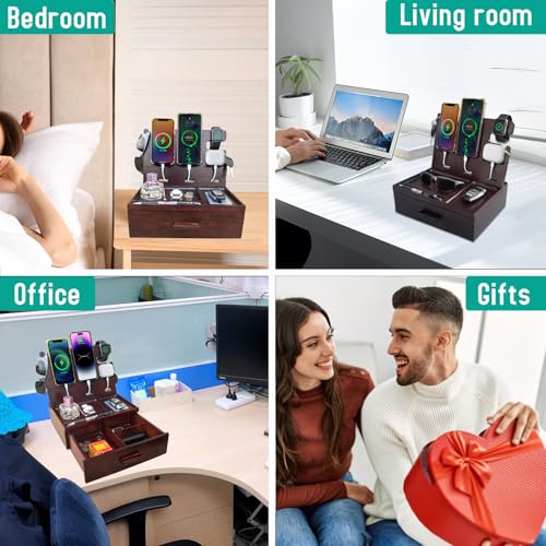 Nightstand Organizer with Drawer Built in 4 USB Charger, Wood Phone Docking Station with Dual Phone Charging Station for Apple Android Phones Anniversary Birthday Gifts for Men Dad Hunsband Mom