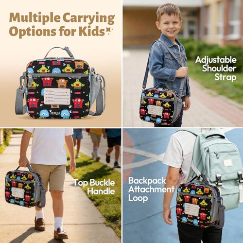 Itslife Bento Box for Kids Set, Insulated Food Container,Kids Lunch Box, 7 oz Thermos for Hot Food, 12 oz Thermos Water Bottle, Reusable Insulated Ice Bag & Fork Spoon Utensils Camping Travel Black - color: Black-MN