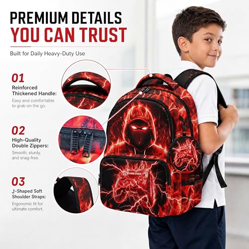 Game Backpack Set for Boys Kids, Gaming Kids Boys Backpack with Lunch Box, Pencil Bag and Coin Purse. Game School Bag 17" (Red) - color: Red-2