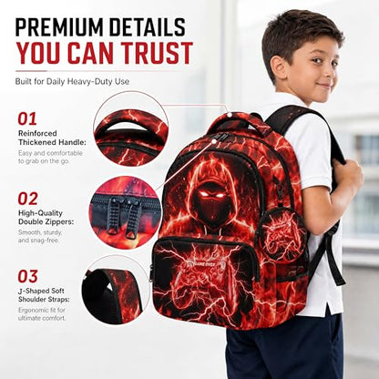 Game Backpack Set for Boys Kids, Gaming Kids Boys Backpack with Lunch Box, Pencil Bag and Coin Purse. Game School Bag 17" (Red) - color: Red-2