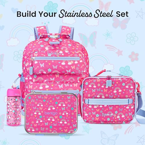 Bentgo Kids Stainless Steel Prints Leak-Resistant Lunch Box - 3-Compartments with Silicone Container, Durable, Eco-Friendly, Dishwasher Safe, BPA-Free, for School, Ages 3+ (Rainbows & Butterflies) - color: Rainbows and Butterflies