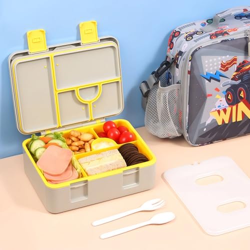 rockpapa Chill Bento Box for Kids- Large 5.5 Cups Lunch Box with Ice Pack - 5 Compartments, BPA-Free, Leak Proof, with Utensils & Portable Handle, Microwave/Dishwasher Safe (Grey Trucks) - color: Grey Trucks