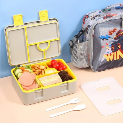 rockpapa Chill Bento Box for Kids- Large 5.5 Cups Lunch Box with Ice Pack - 5 Compartments, BPA-Free, Leak Proof, with Utensils & Portable Handle, Microwave/Dishwasher Safe (Grey Trucks) - color: Grey Trucks