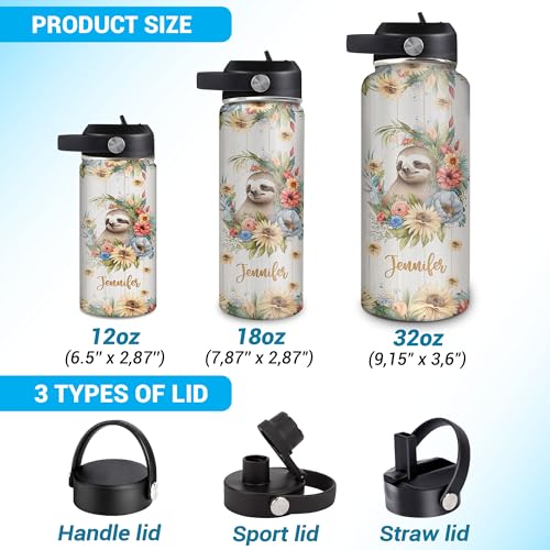 Hyturtle Personalized Sloth Water Bottle - Custom Name Insulated Stainless Steel Bottle with Leak-Proof Lid 18oz 32oz - Animal Lover Gift for Women Girls Sloth Lovers - Birthday & Christmas Gift - color: Sloth