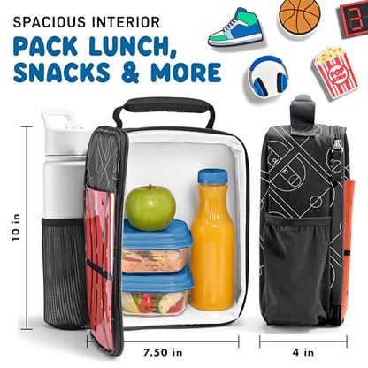 Fit & Fresh Customizable Charm Lunch Bag for Boys & Girls, Basketball Kids Lunch Box with 6 Sports Charms, Premium Insulated Reusable Lunch Tote for School - color: Midnight Hoops