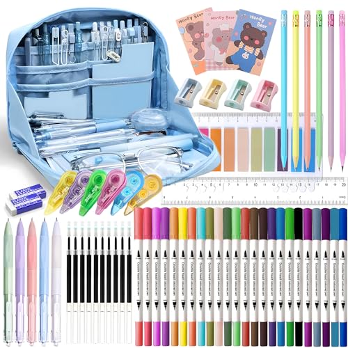 56 PCS Aesthetic School Supplies with Large Pencil Case, 24 Double Brush Marker Pens, 5 Black Ink Gel Pens, 6 Macaron Pencils, 4 Sharpeners, Sticky Notes, Ruler, Erasers, Stationery Gift - color: Blue