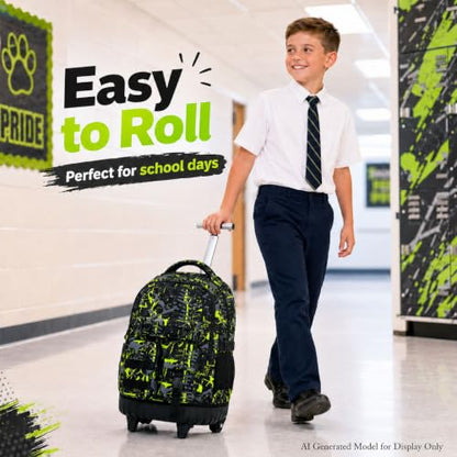WZLVO 3PCS Roller Backpack, Water Resistance Boys Wheeled Bookbag, Rolling School Bag Set with Lunch Box & Pencil Bag for Teens & Kids - Spray Painted Green - color: 3pcs Boys Rolling Backpack - Spray Painted Green