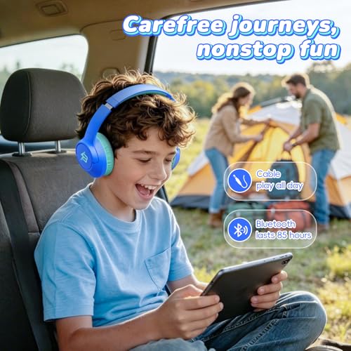 Kids Bluetooth Headphones with 85H Playtime Without LED, Safe Volume 85/94dB Wireless Headphones for Kids, Bluetooth 5.4, Over-Ear Toddler Headset for Boys Tablet/ Airplane/School (Azure No LED) - color: Azure
