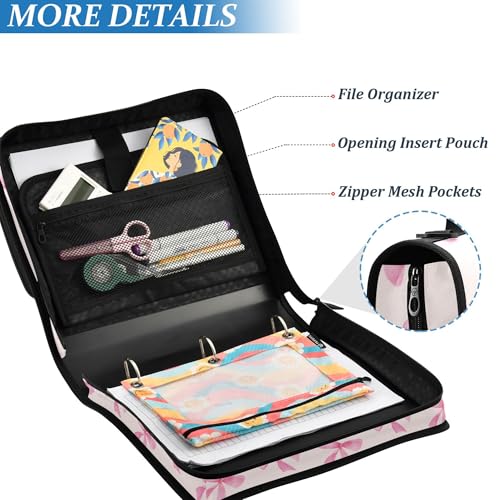 Cute Pink Bow Zipper Binder with Shoulder Strap, 500 Sheets Capacity, Multiple Pockets 1.5Inch 3 Ring Zipper Binder - color: Pink Bow