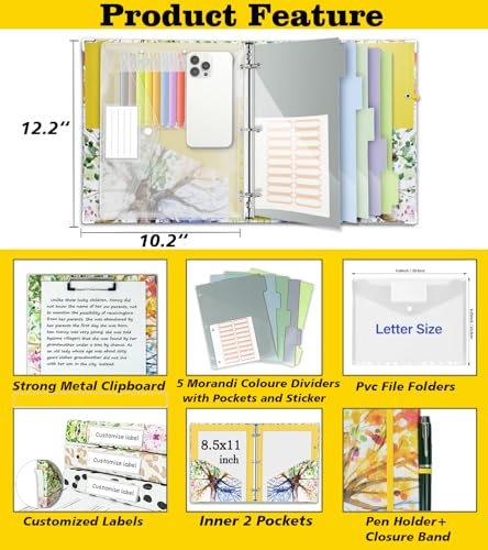 3 Ring 1 Inch Binder Organizer, KLLVE Three Ring Binders with Clipboard, 5-Tabs Pockets Dividers, Plastic Folder, 18 Divider Stikers,Pen Loop (Green Tree, Letter Size) - color: Green Tree, size: 1in（Letter Size）