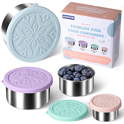 18/8 Stainless Steel Food Snack Storage Containers(4 Pack: 3/7/13/22oz) | Stackable, Leakproof Lunch Box with Silicone Lid, for Kids and Toddler Home School Use - color: 4 Pack(Light Pink, Light Green, Light Purple, Light Blue)