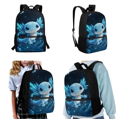 CLOHOMIN Blue Axoltol School Backpack for Kids with Lunchbox 6th Grade High School Bag and Lunch Bag and Water Bottle Holder for Girls Boys 12-14 Large Capacity Children Bookbag Set of 3 - color: Blue Axoltol