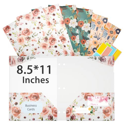 Ospelelf Folders with Pockets, Waterproof Plastic Folder with Two Fixed Corner Tabs and 2 Pockets Includes Business Card Slot, Includes Sticker, Fits 3 Ring Binder Holds 11" x 8.5", 6-Pack - color: Flowers
